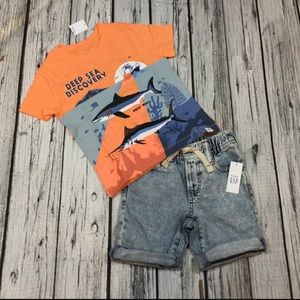 Gap Boys 12 18 24 2T Orange Deep Sea Shirt & Denim Shorts Outfit